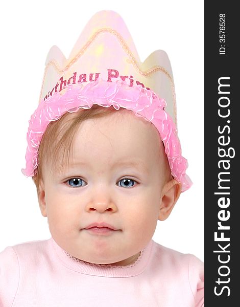 Little Baby Girl in Pink dress and birthday hat and hands in air. Little Baby Girl in Pink dress and birthday hat and hands in air