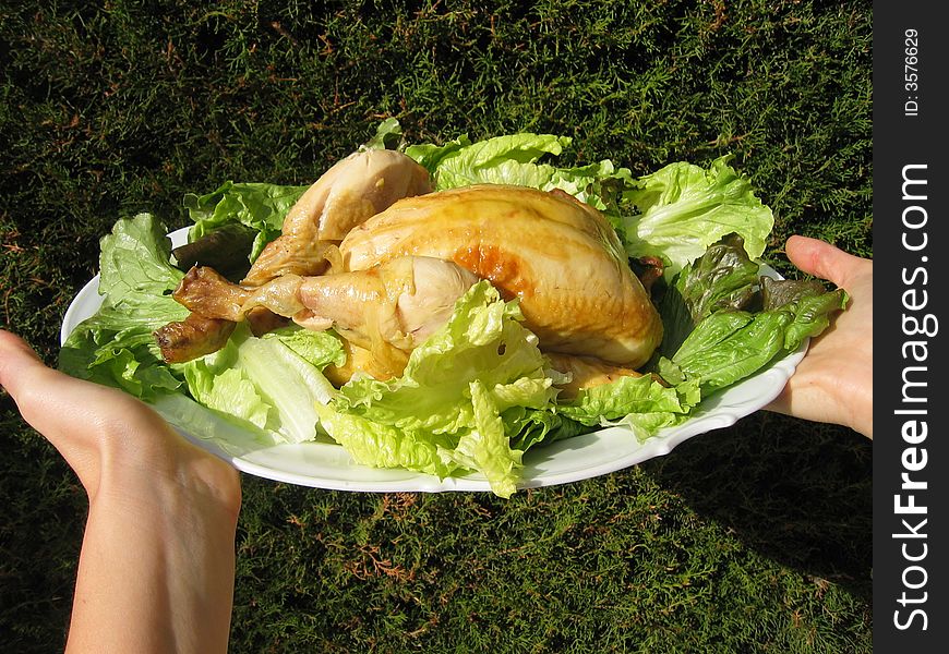 A tasty chicken on a bed of salad. A tasty chicken on a bed of salad