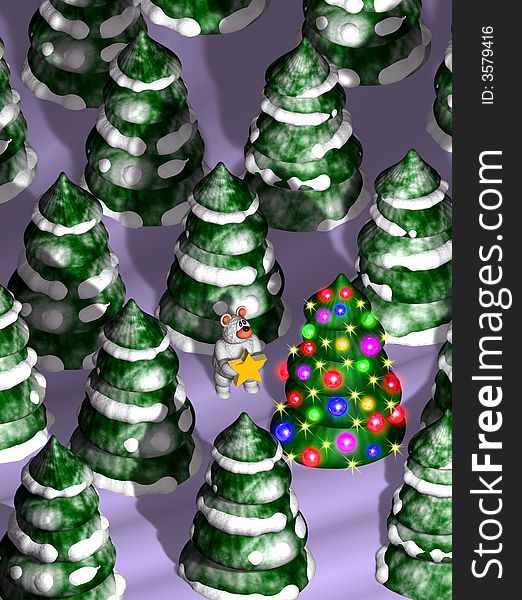 Computer-generated 3D illustration depicting cartoon bear cub and decorating a Christmas tree. Computer-generated 3D illustration depicting cartoon bear cub and decorating a Christmas tree