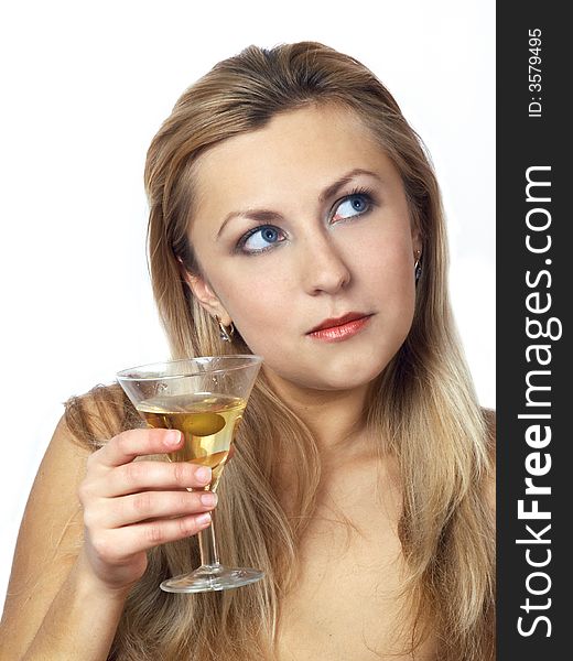 Blonde girl with a glass of white wine. Blonde girl with a glass of white wine