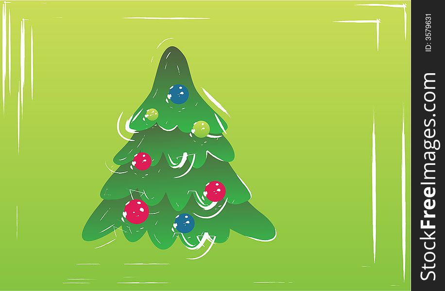 Green christmas tree with balls on the yellow background