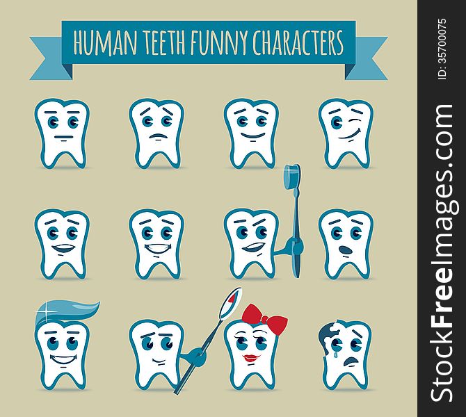 Vector icons set of human teeth funny cartoon characters with various emotions. Vector icons set of human teeth funny cartoon characters with various emotions