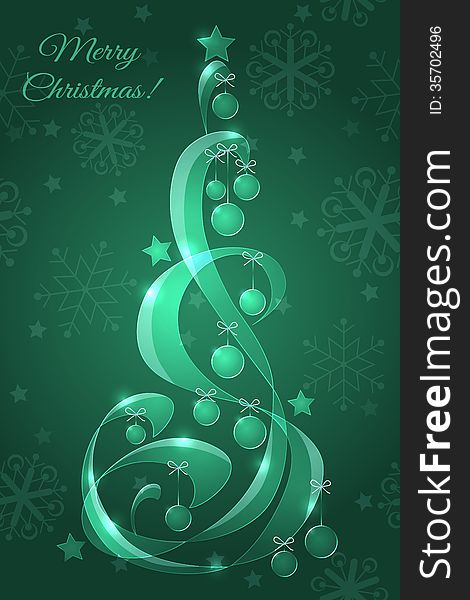 Stylized glass Christmas tree with Christmas balls. Decorative green background.