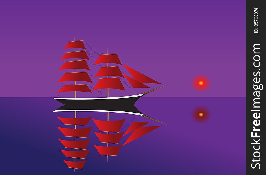 Ship. Ship with red sails on a purple background.
