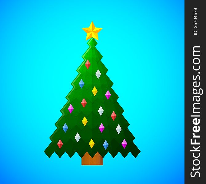 Green christmas tree with decorations on blue background textured flat colors