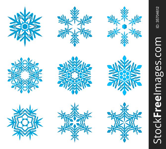 Set of blue snowflakes on white flat colors