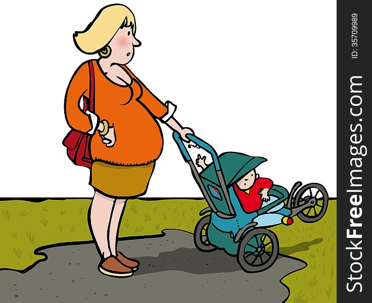 Pregnant woman with toddler in pushchair. Pregnant woman with toddler in pushchair