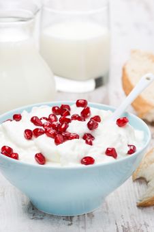 Fresh Homemade Yogurt With Pomegranate, Milk And Bread Royalty Free Stock Photography