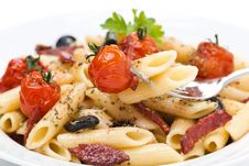 Pasta With Sausage, Cherry Tomatoes And Olives, Close-up Royalty Free Stock Image Pasta With Sausage, Cherry Tomatoes And Olives, Close-up Royalty Free Stock Image