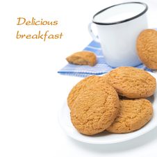 Plate Of Oatmeal Cookies And Mug Of Milk Isolated, Close-up Stock Photography Plate Of Oatmeal Cookies And Mug Of Milk Isolated, Close-up Stock Photography