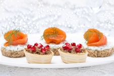 Holiday Appetizers - Canape With Salmon And Tartlet With Pate Stock Image