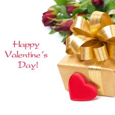 Golden Gift Box, Red Heart And Flowers, Isolated Royalty Free Stock Images Golden Gift Box, Red Heart And Flowers, Isolated Royalty Free Stock Images