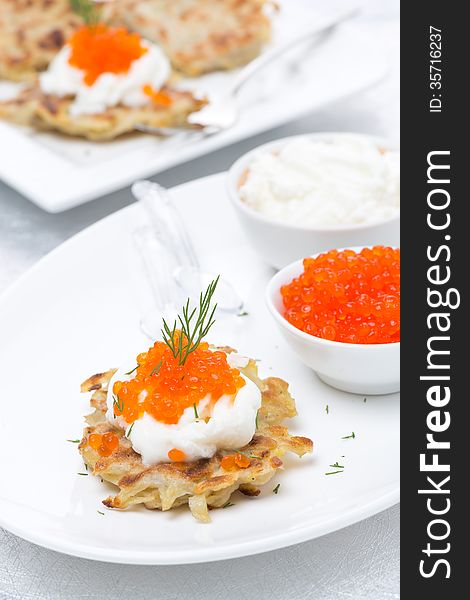 Potato Pancakes With Red Caviar, Close-up