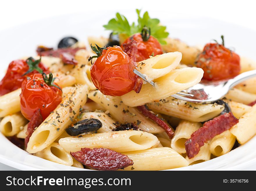 Pasta With Sausage, Cherry Tomatoes And Olives, Close-up