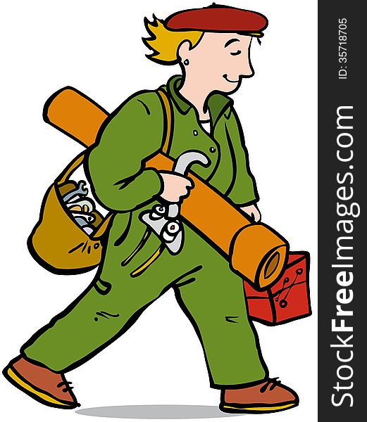 Androgynous plumber carrying much equipment