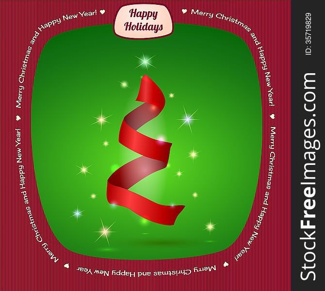 Christmas tree greeting card, festive ribbon
