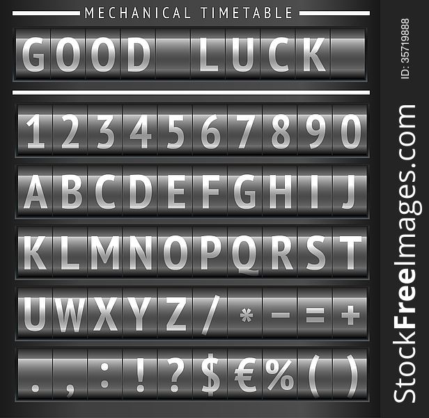 Set of letters on a mechanical timetable. Fully customized for your design