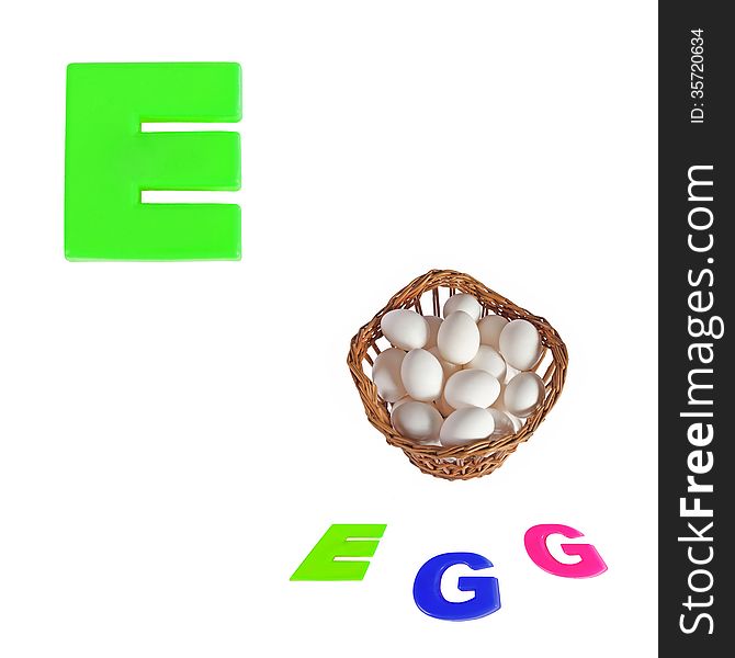 Illustrated alphabet letter e and eggs on white background.
