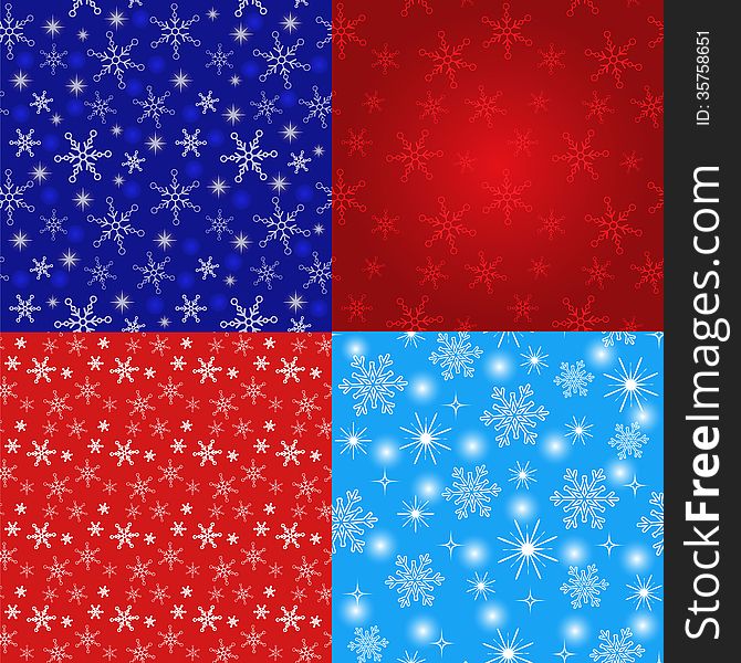 Four original seamless Christmas pattern with snowflakes and stars textures. Vector illustration