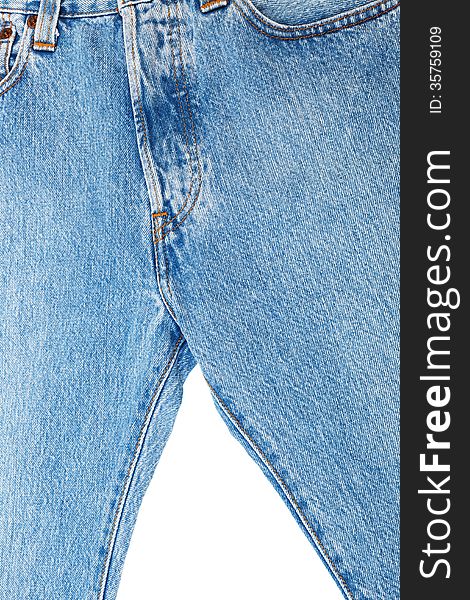 Blue jeans close up on white background