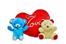 Blue And Cream Colour Bears With Red Heart Pillow Stock Photos