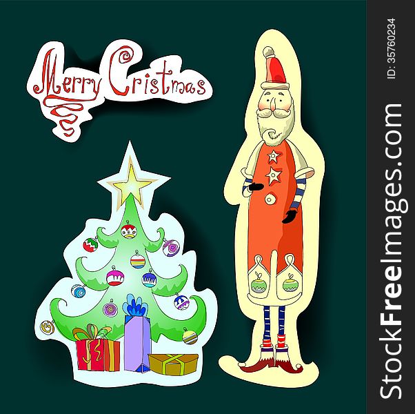 Santa Clause and Christmas tree made of paper stickers