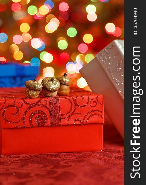 Christmas boxes on beautiful, bokeh, background. Christmas boxes on beautiful, bokeh, background