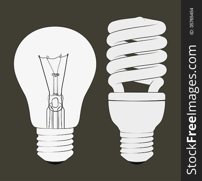 Incandescent and fluorescent energy saving light bulbs in illustration vector