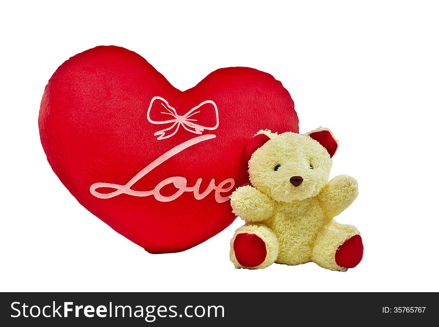 Cream colour bear and red heart pillow with love word