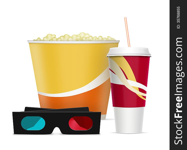 3d Glasses With Popcorn And Soda Drink