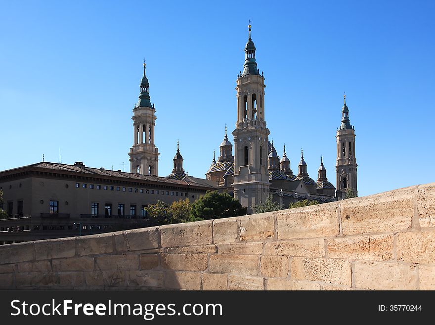 View at famous Pilar Cathedral against blue sky, Zaragoza, Spain. View at famous Pilar Cathedral against blue sky, Zaragoza, Spain