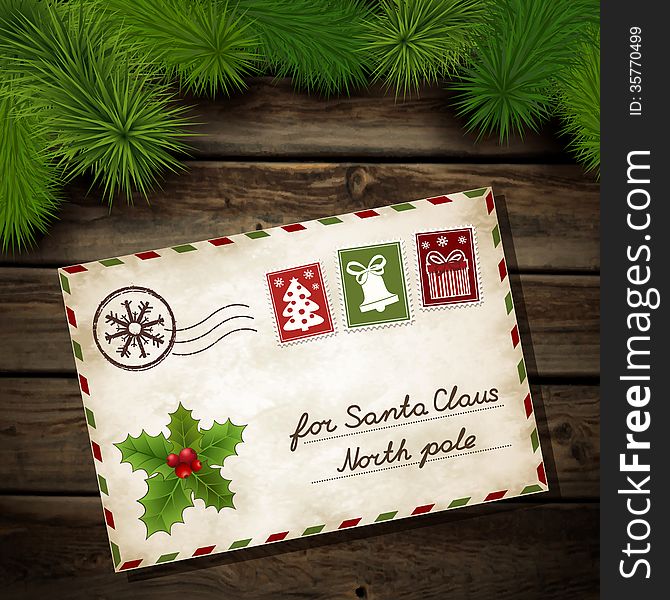 Vector illustration for Christmas letter to Santa Claus on a wooden background