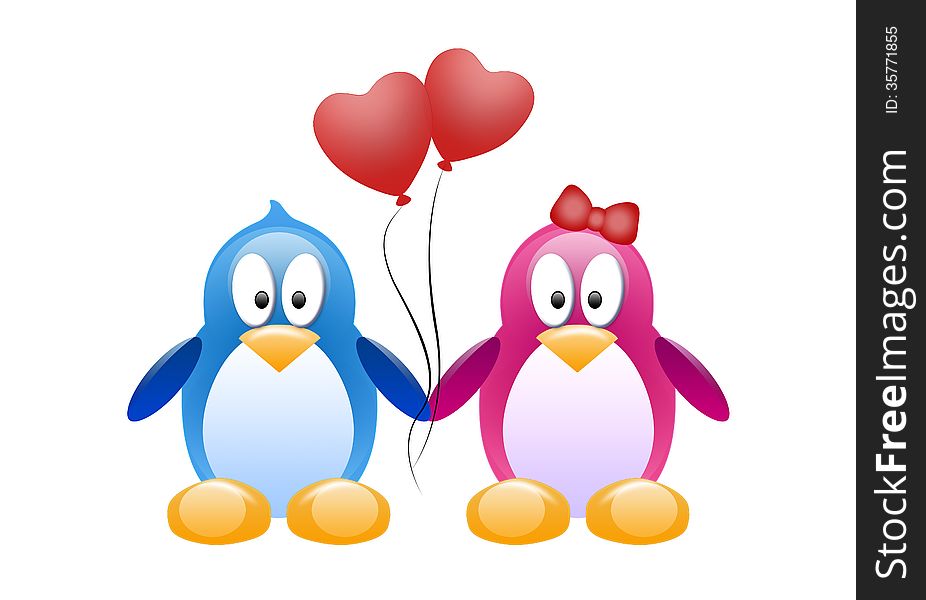 Two charming penguins - boy and girl - with red balloons on white background. Two charming penguins - boy and girl - with red balloons on white background.