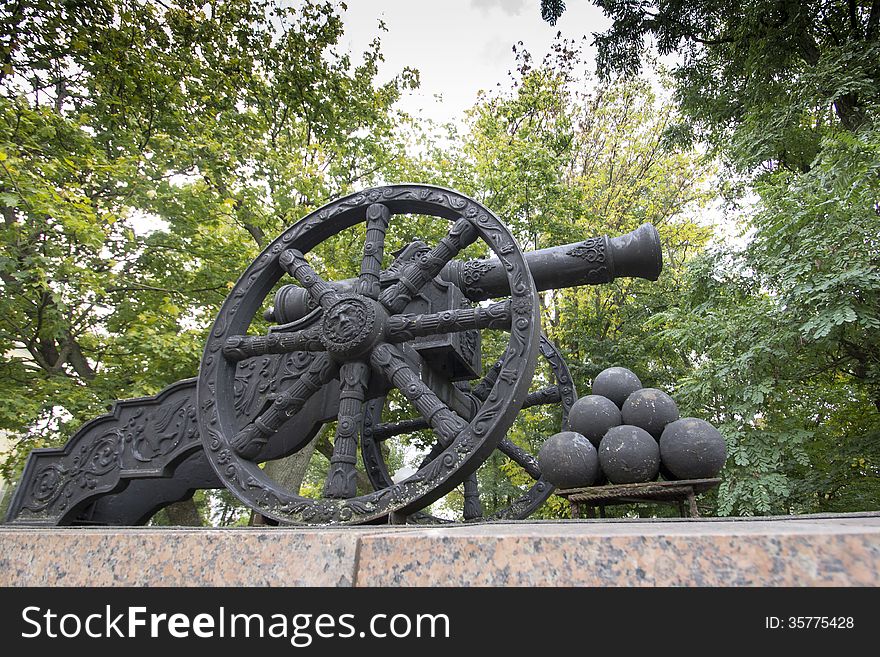 Old cannon near castle in Gomel, Belarus in autumn fall