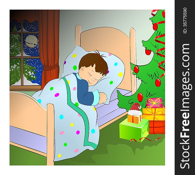 Boy sleeping in bed, Christmas tree and presents. Boy sleeping in bed, Christmas tree and presents