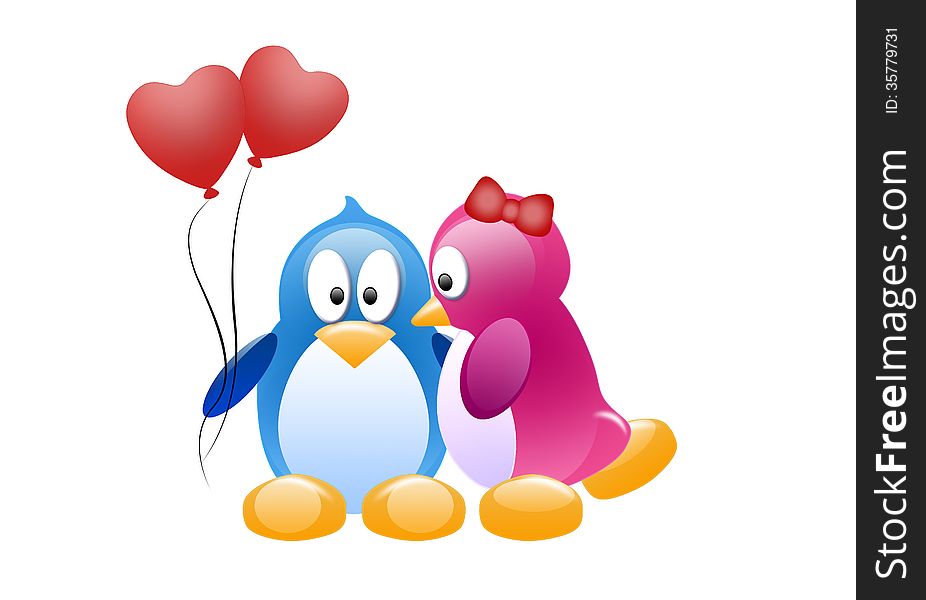 Girl penguin kissing boy penguin, which holding two red balloons in form heart. Girl penguin kissing boy penguin, which holding two red balloons in form heart.