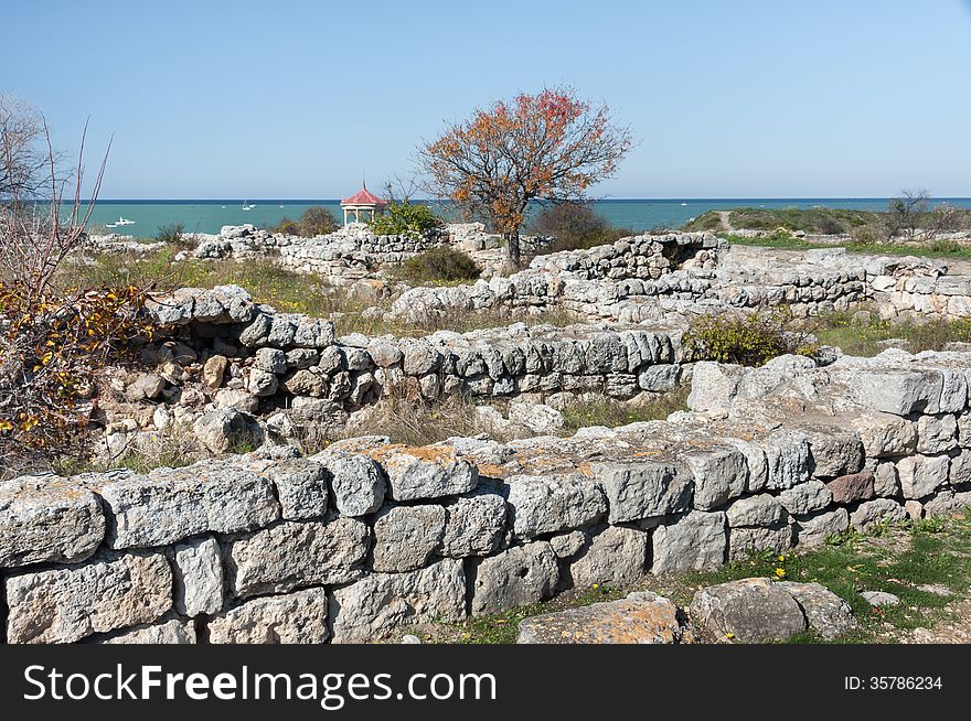 Crimea, Ukraine, Chersonese, the ruins of the ancient city, the old masonry, excavation, stone structure, ancient structures, culture. Crimea, Ukraine, Chersonese, the ruins of the ancient city, the old masonry, excavation, stone structure, ancient structures, culture