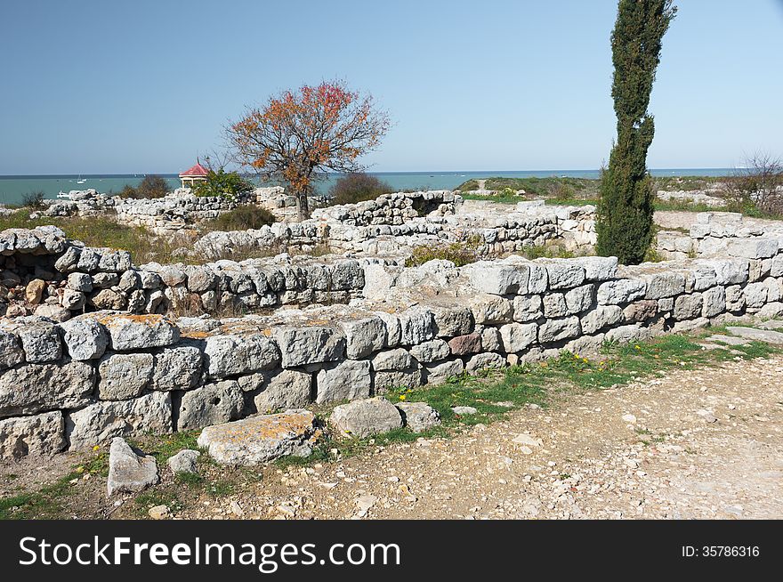 Crimea, Ukraine, Chersonese, the ruins of the ancient city, the old masonry, excavation, stone structure, ancient structures, culture. Crimea, Ukraine, Chersonese, the ruins of the ancient city, the old masonry, excavation, stone structure, ancient structures, culture