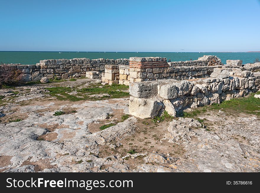 Crimea, Ukraine, Chersonese, the ruins of the ancient city, the old masonry, excavation, stone structure, ancient structures, culture. Crimea, Ukraine, Chersonese, the ruins of the ancient city, the old masonry, excavation, stone structure, ancient structures, culture