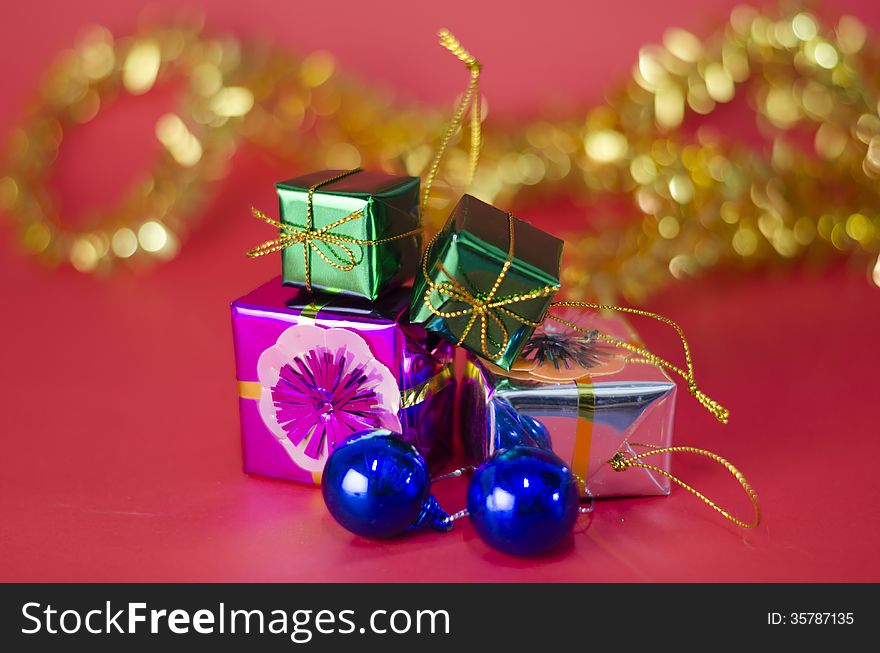 Item decorate for christmas tree on red background