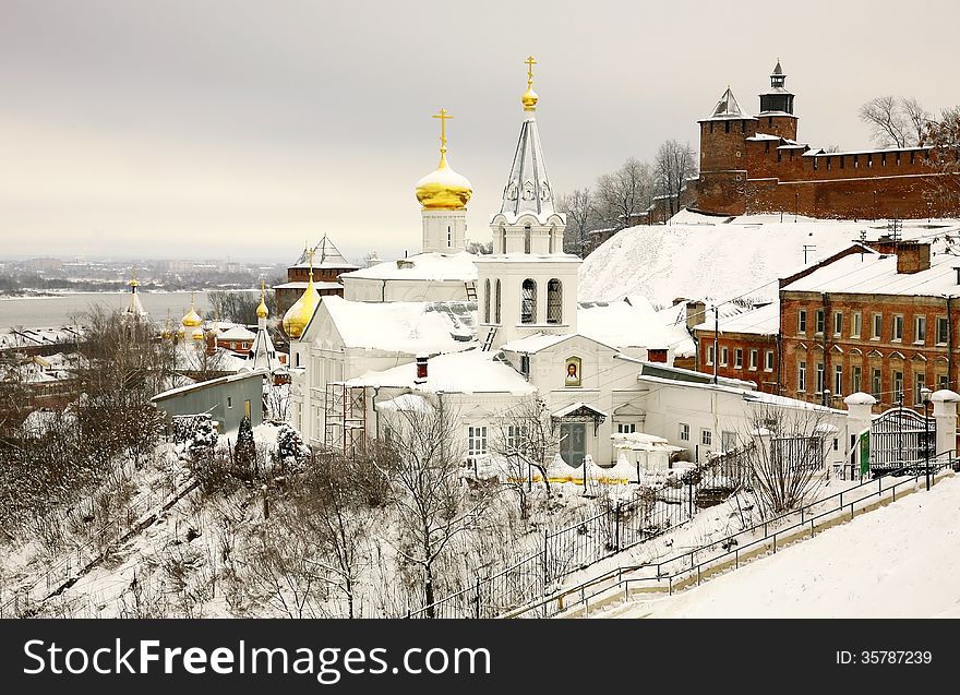 Winter december view of Church Elijah the Prophet and Kremlin Nizhny Novgorod Russia