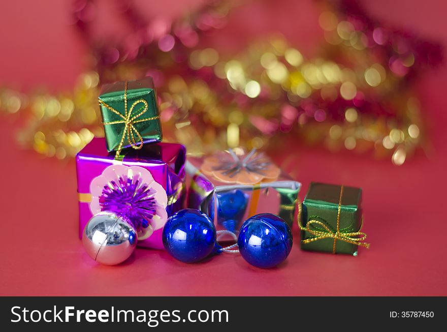 Item decorate for christmas tree on red background