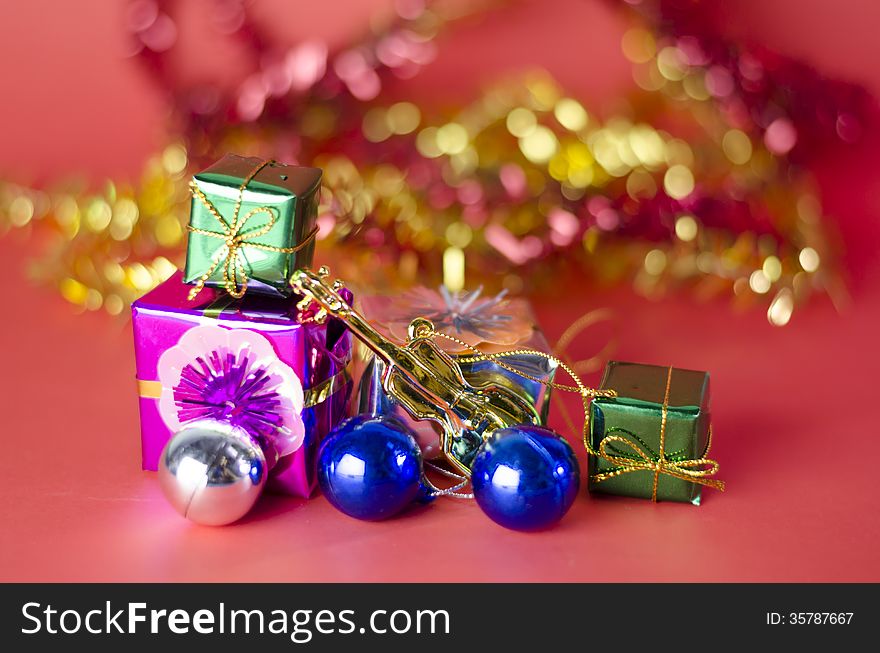 Item decorate for christmas tree on red background