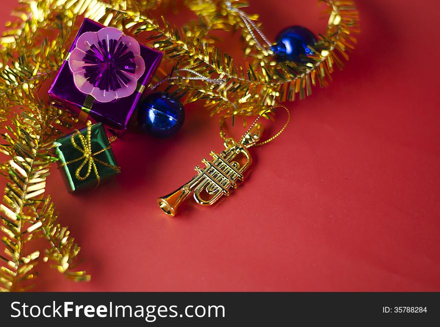 Item decorate for christmas tree on red background