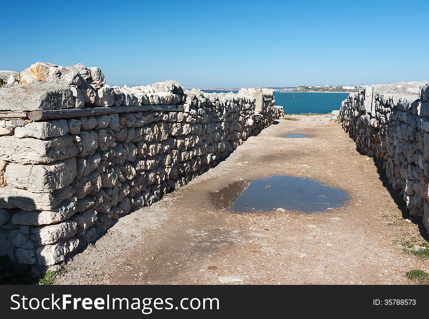 Crimea, Ukraine, Chersonese, the ruins of the ancient city, the old masonry, excavation, stone structure, ancient structures, culture. Crimea, Ukraine, Chersonese, the ruins of the ancient city, the old masonry, excavation, stone structure, ancient structures, culture