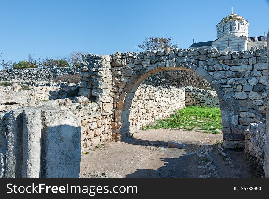 Crimea, Ukraine, Chersonese, the ruins of the ancient city, the old masonry, excavation, stone structure, ancient structures, culture. Crimea, Ukraine, Chersonese, the ruins of the ancient city, the old masonry, excavation, stone structure, ancient structures, culture