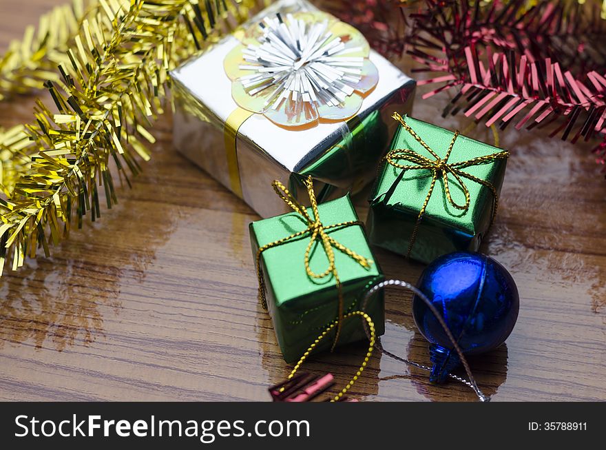 Item decorate for christmas tree on wood background