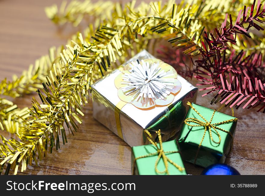 Item decorate for christmas tree on wood background