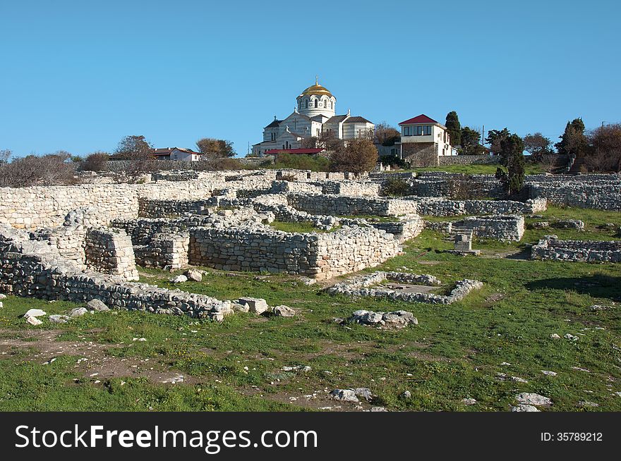 Crimea, Ukraine, Chersonese, the ruins of the ancient city, the old masonry, excavation, stone structure, ancient structures, culture. Crimea, Ukraine, Chersonese, the ruins of the ancient city, the old masonry, excavation, stone structure, ancient structures, culture