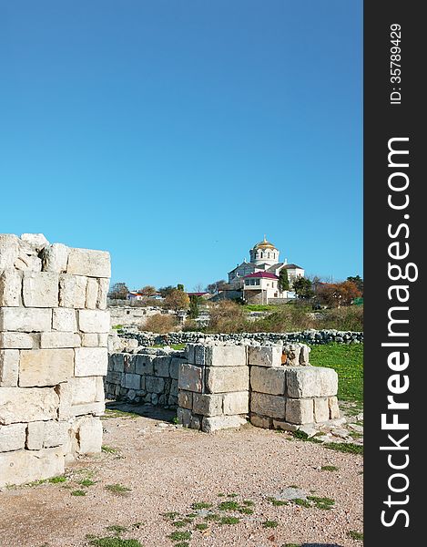 Crimea, Ukraine, Chersonese, the ruins of the ancient city, the old masonry, excavation, stone structure, ancient structures, culture. Crimea, Ukraine, Chersonese, the ruins of the ancient city, the old masonry, excavation, stone structure, ancient structures, culture